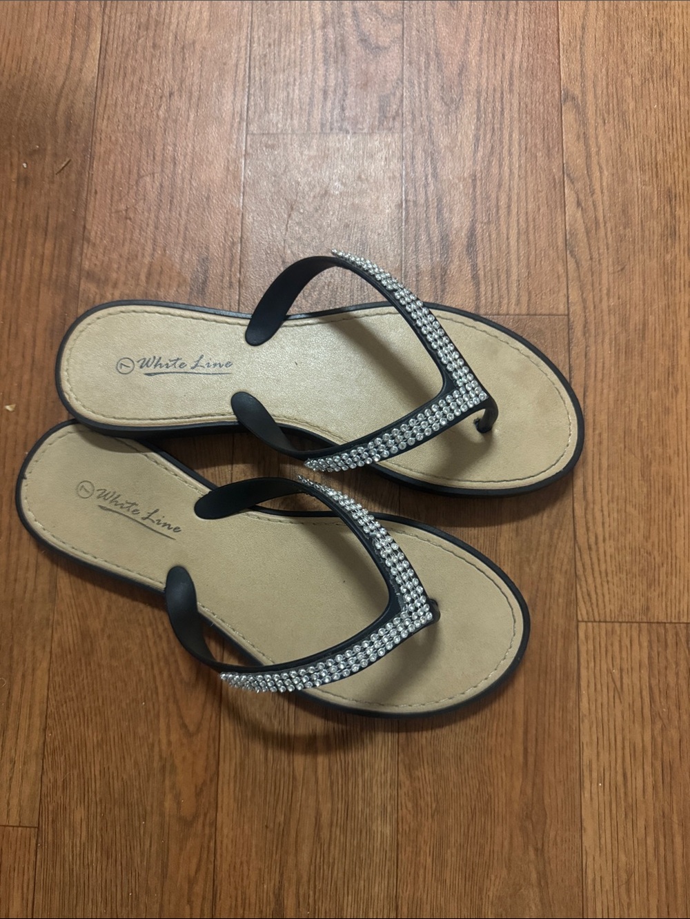 White Line Rhinestone Flip Flops